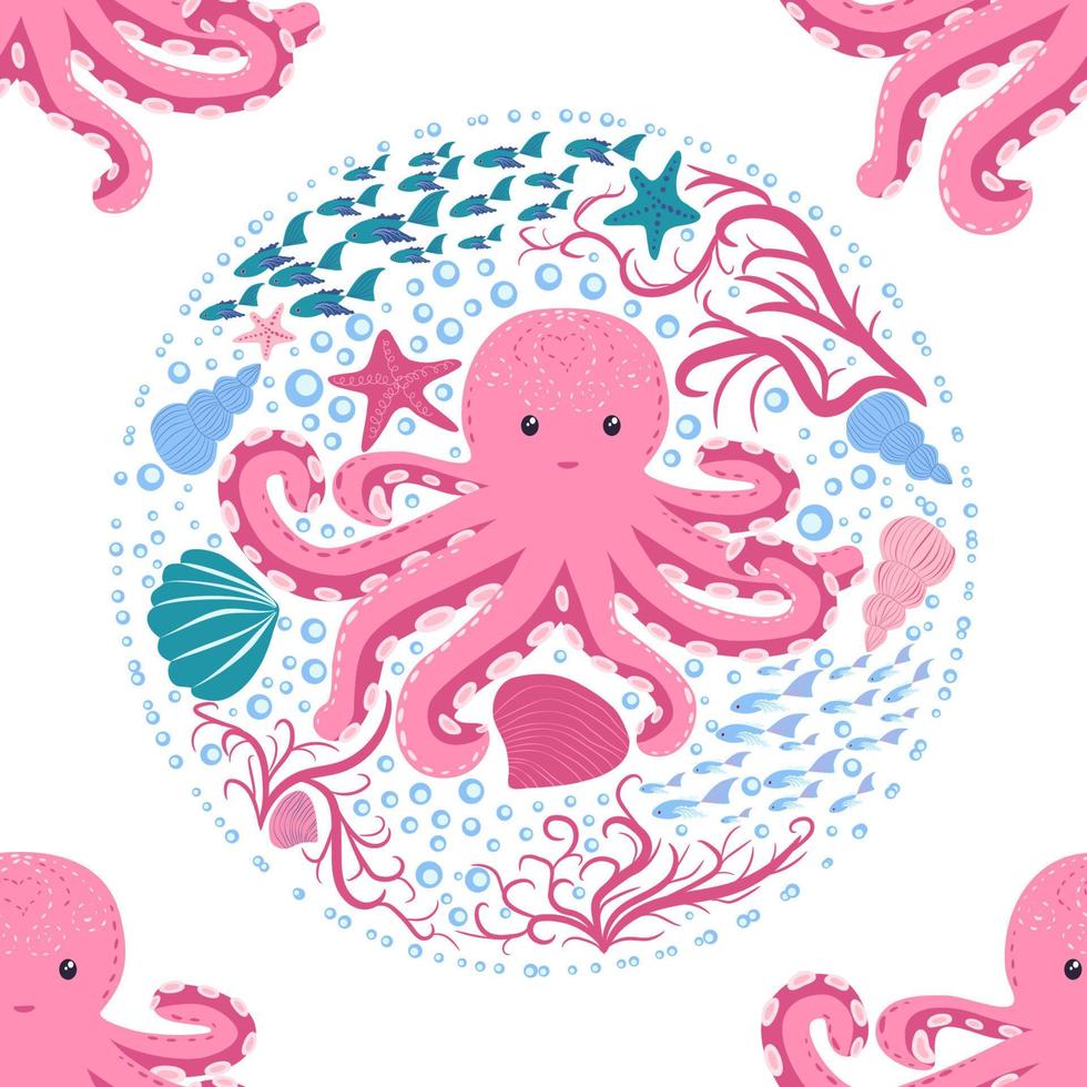 Seamless pattern with cute octopus, seaweed and pearl. Trendy nursery background vector