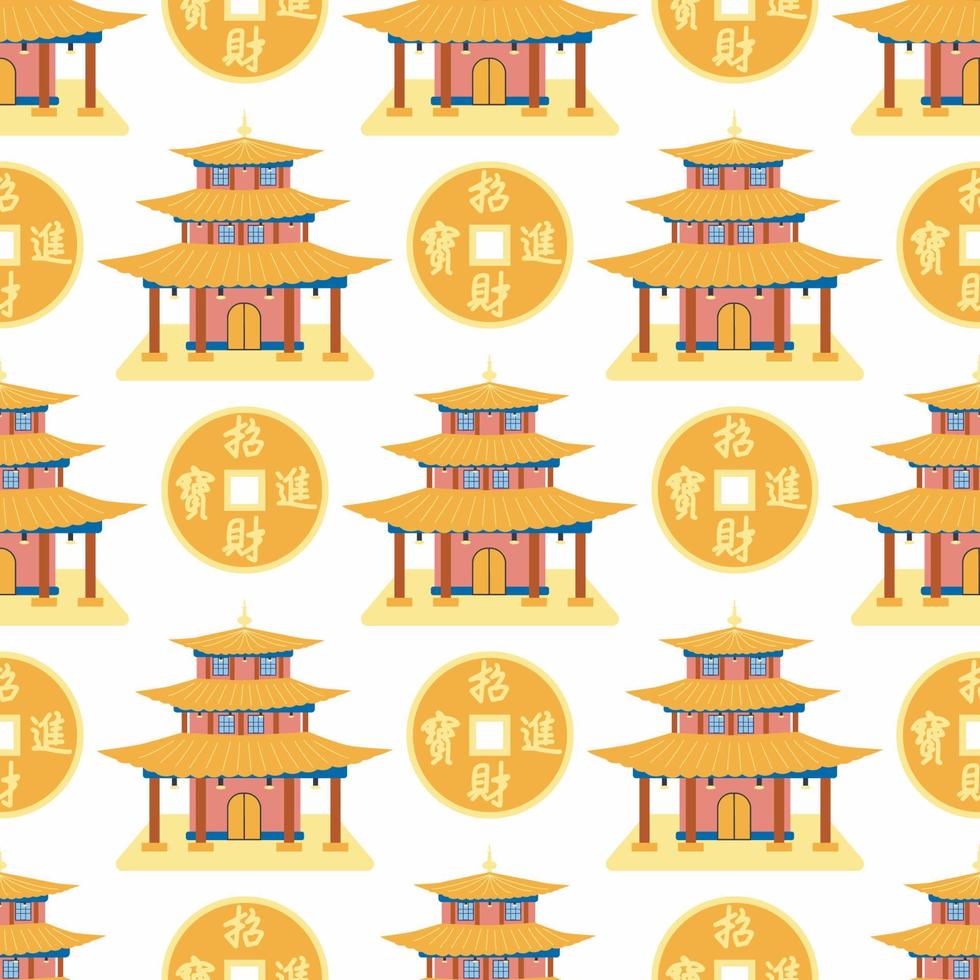 Cartoon chinese house seamless pattern. Chinese symbols of the coin with hieroglyphs, yin-yang, red fan, lanterns. vector