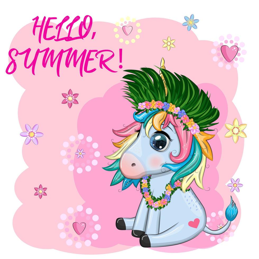 Cute cartoon unicorn dressed as a hula dancer, Hawaii, ready to go character. Summer, sea, palm trees, beach. vector