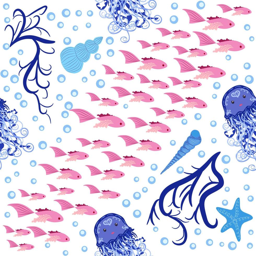 Seamless pattern with detailed transparent jellyfish. Childish seamless pattern with cute hand drawn fishes and jellyfishes in doodle style. Trendy nursery background vector