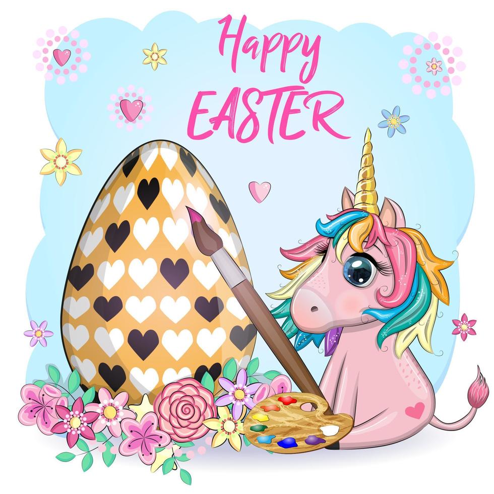 Easter unicorn cartoon character with easter egg, postcard. vector