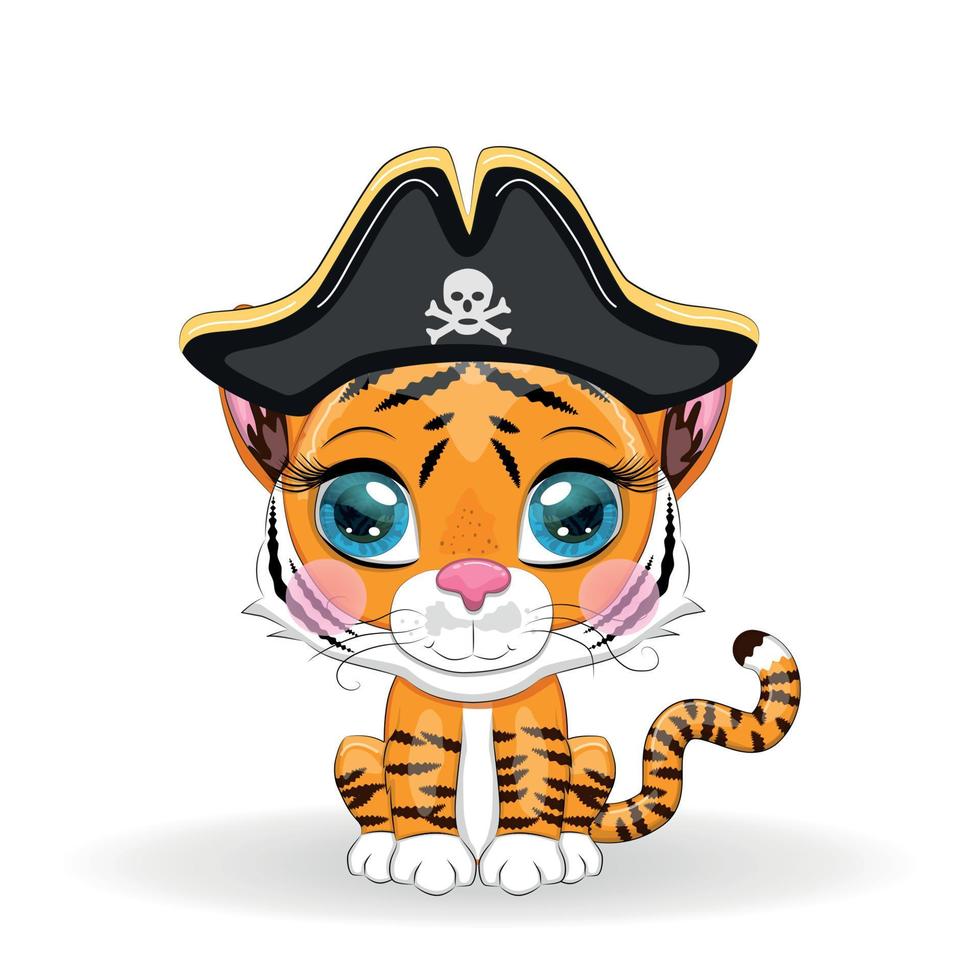 Tiger pirate, cartoon character of the game, wild animal cat in a bandana and a cocked hat with a skull, with an eye patch. Character with bright eyes vector