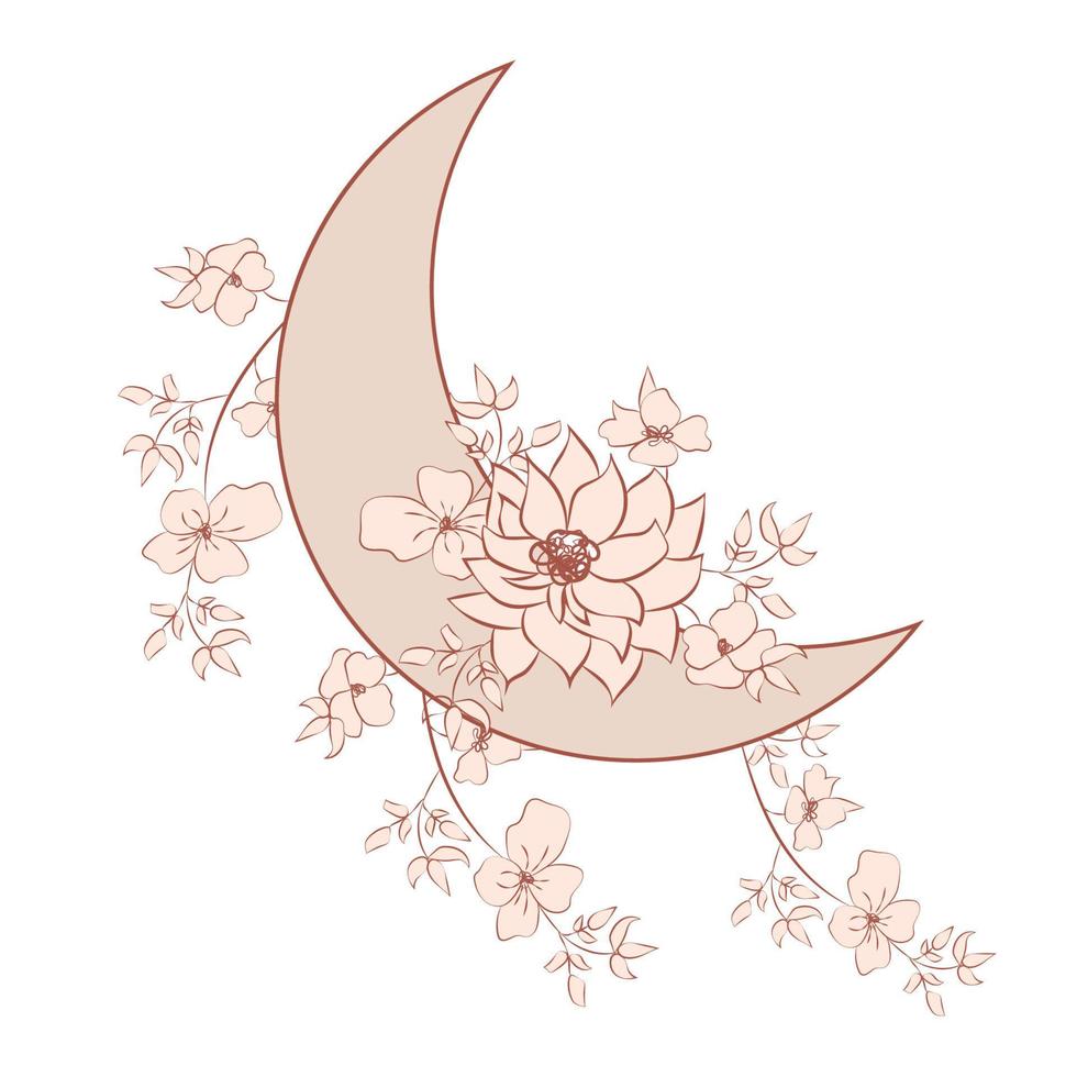 Beautiful romantic crescent moon with rose or peony flowers and leaves. vector