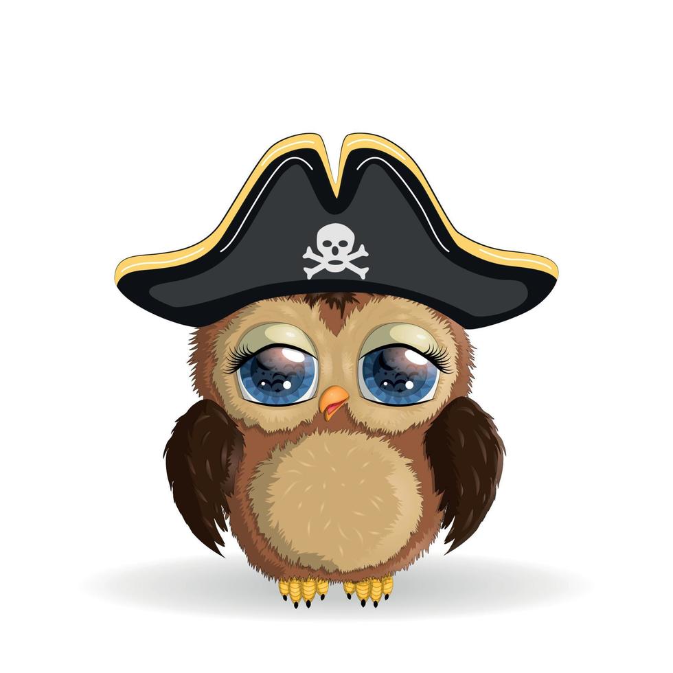 Owl pirate, cartoon character of the game, a bird in a bandana and a cocked hat with a skull, with an eye patch. Character with bright eye. vector