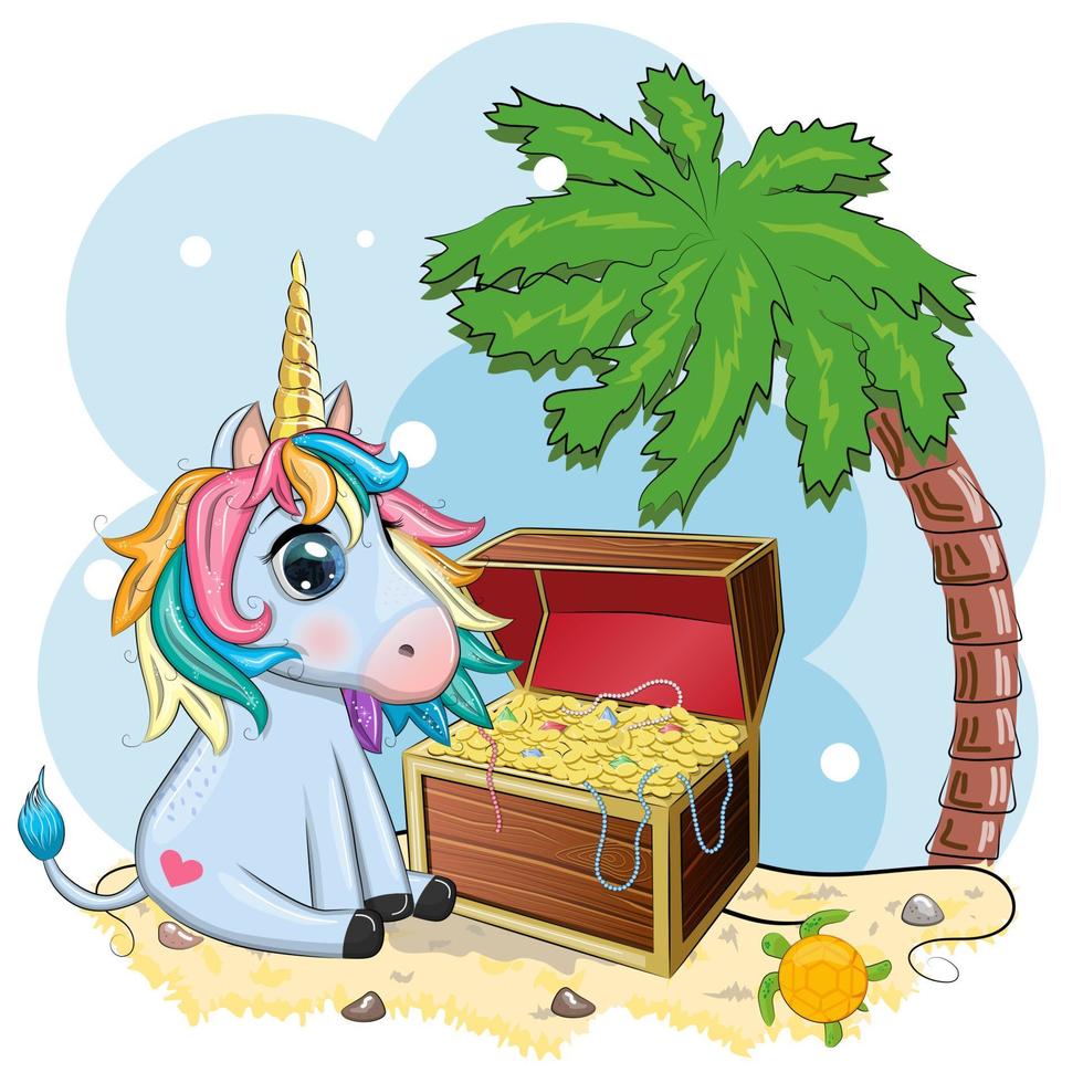 Cute cartoon unicorn and treasure chest, pirates. Summer, sea, palm, beach vector