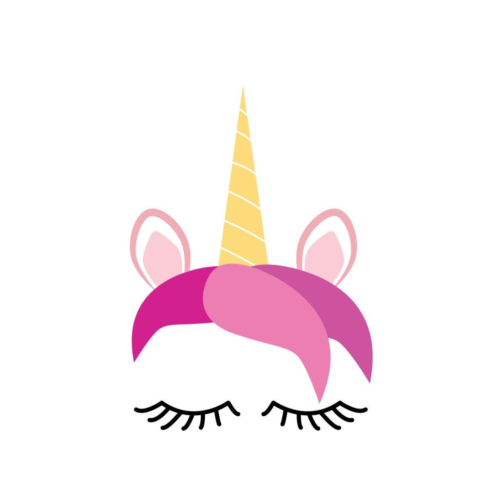 Fabulous cute unicorn with golden gilded horn and closed eyes. vector