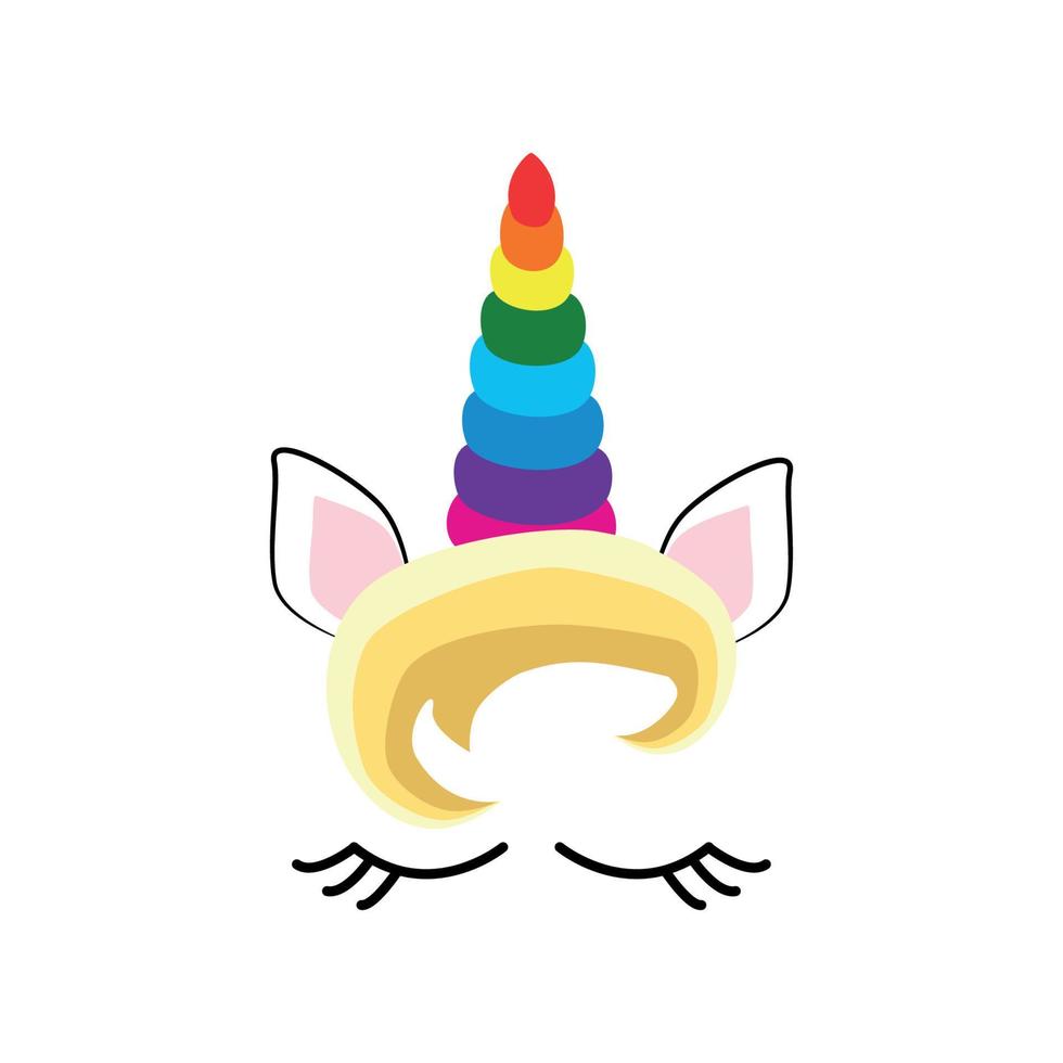Fabulous cute unicorn with golden gilded horn and closed eyes. vector