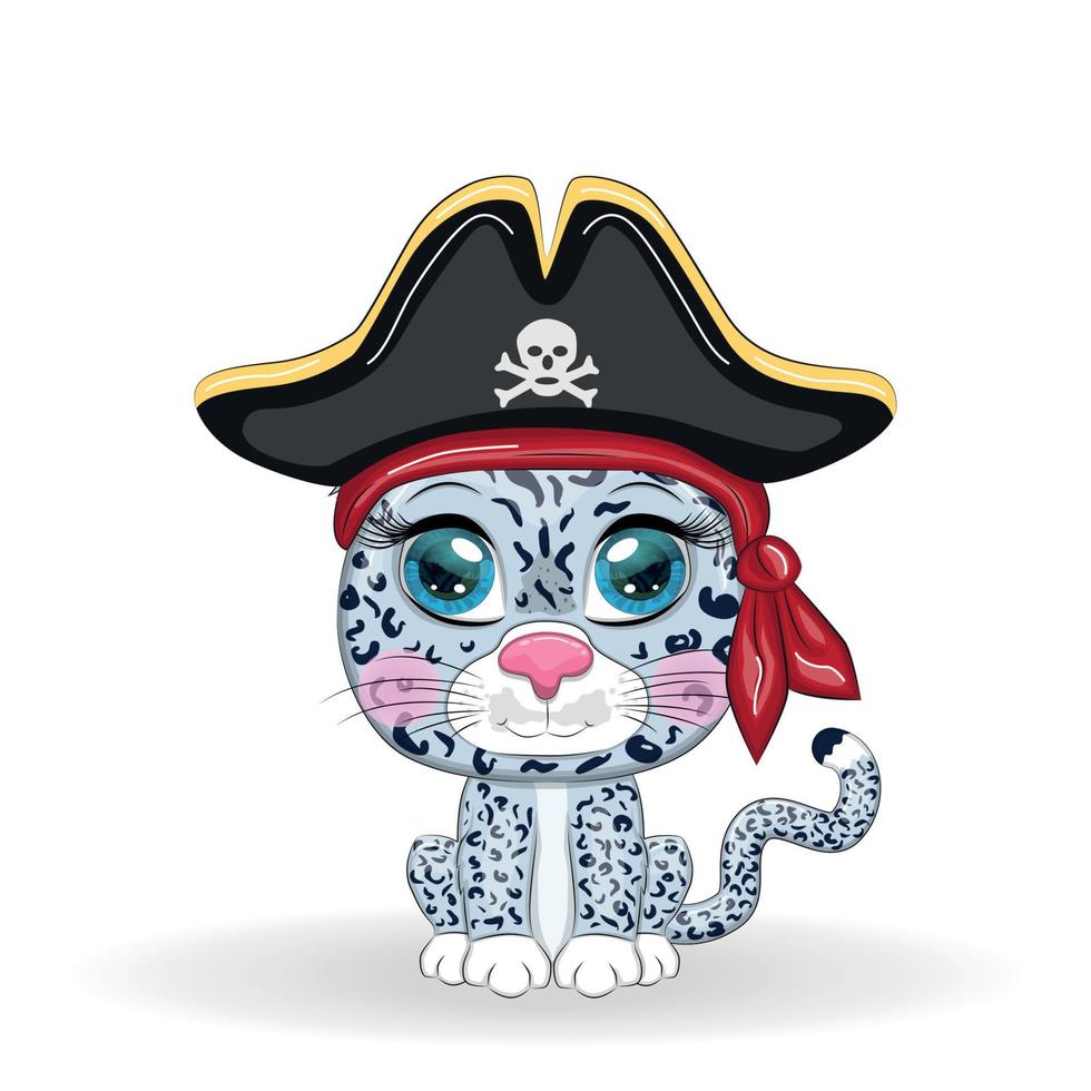 Snow leopard pirate, cartoon character of the game, wild cat in a bandana and a cocked hat with a skull, with an eye patch. Character with bright eyes vector