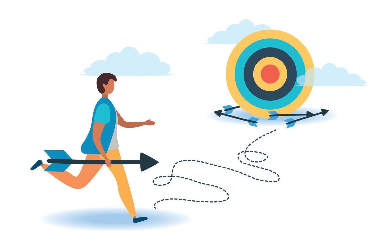 A man with an arrow is running towards his goal along a winding road, motivation is advancing, through clouds or stairs, steps of achievement, steps vector