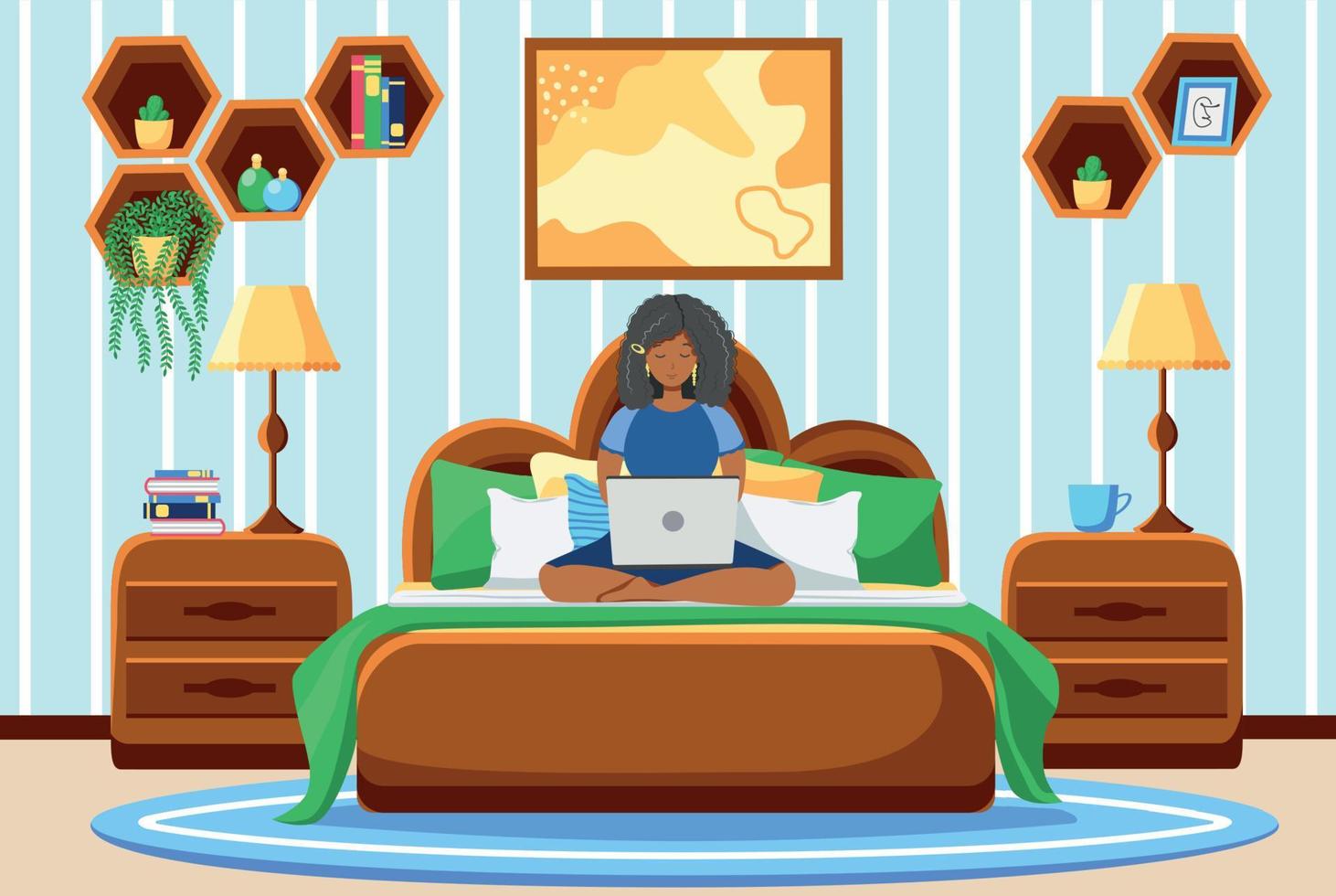 A young woman works remotely from home.The woman is lying on the bed and working on a laptop. vector