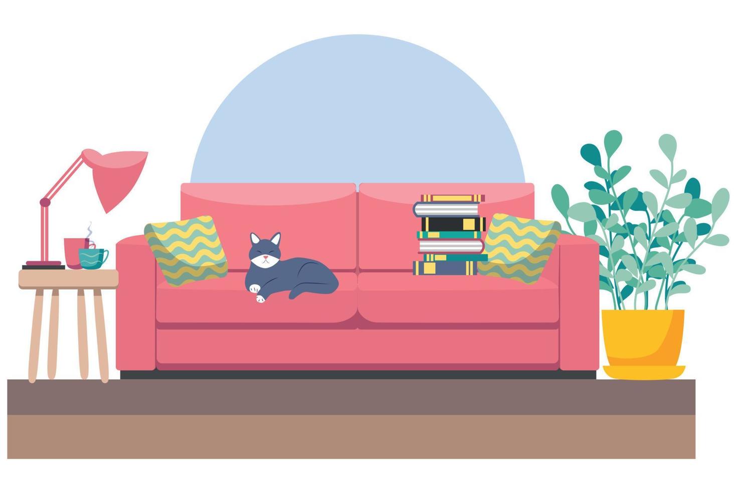 salón con muebles. acogedor interior con sofá y tv. ilustración de estilo plano. vector