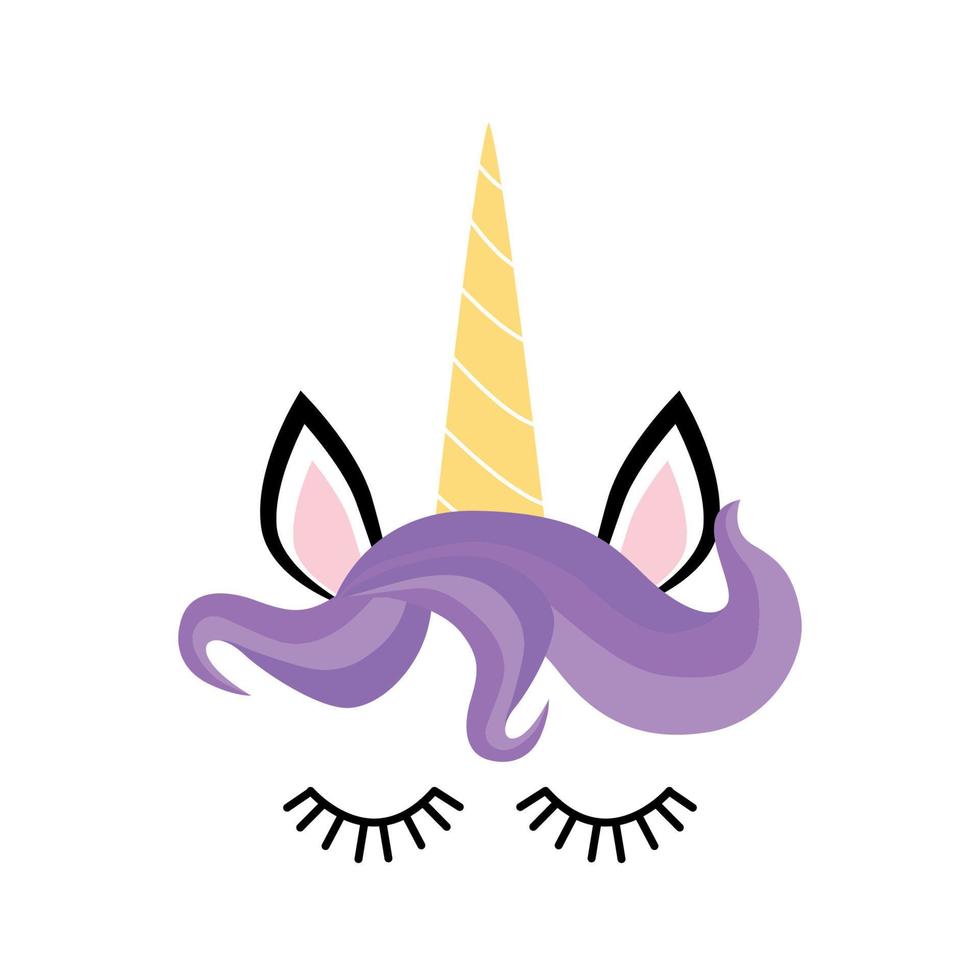 Fabulous cute unicorn with golden gilded horn and closed eyes. vector