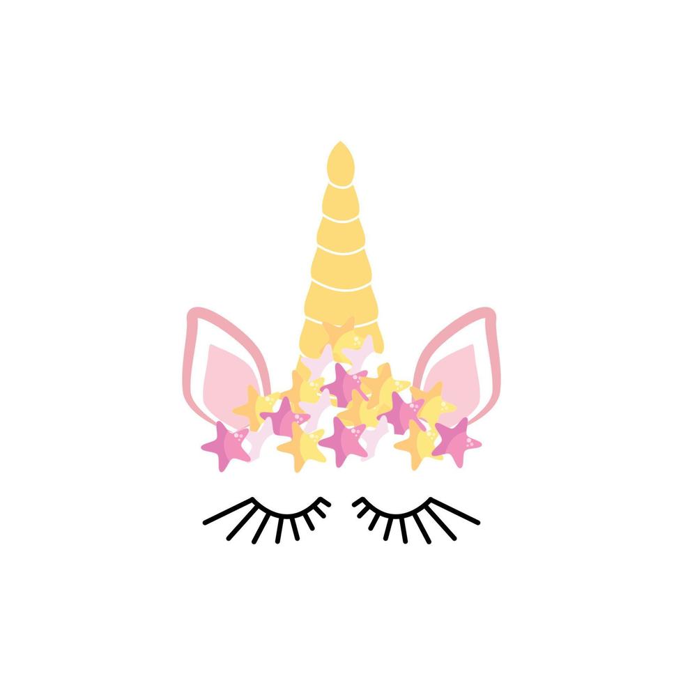 Fabulous cute unicorn with golden gilded horn and closed eyes with Flowers and Eyelashes vector