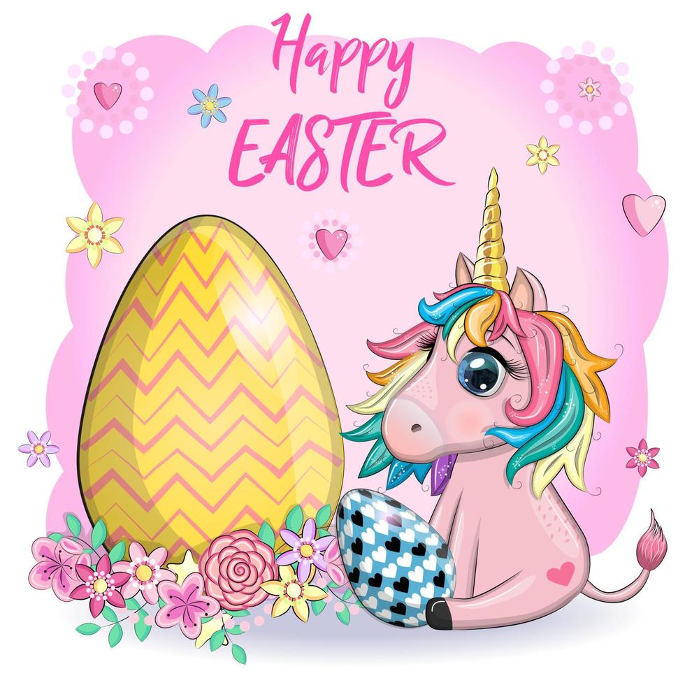 Easter unicorn cartoon character with easter egg, postcard. vector