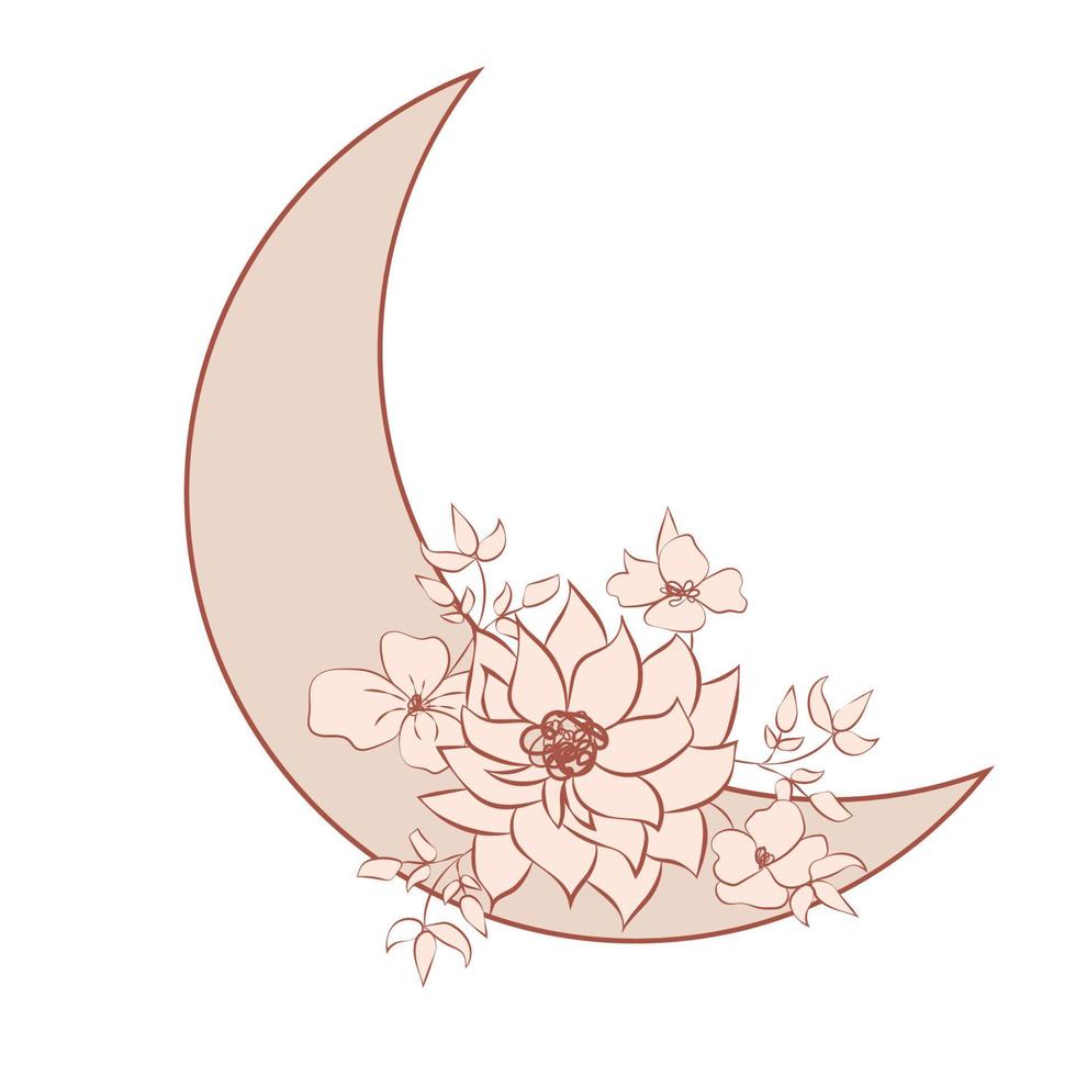 Beautiful romantic crescent moon with rose or peony flowers and leaves. vector