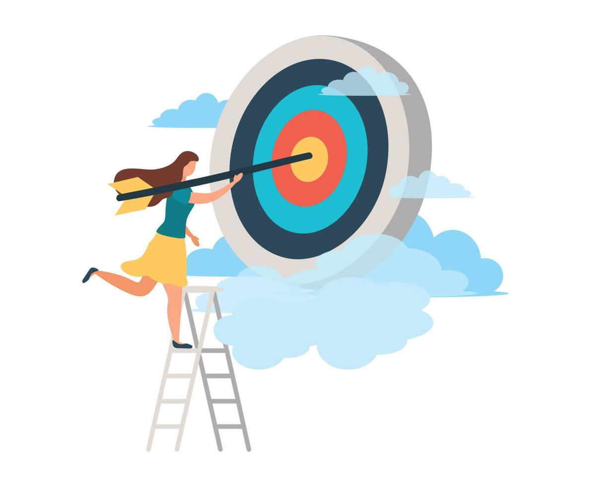 A man with an arrow is running towards his goal along a winding road, motivation is advancing, through clouds or stairs, steps of achievement, steps vector