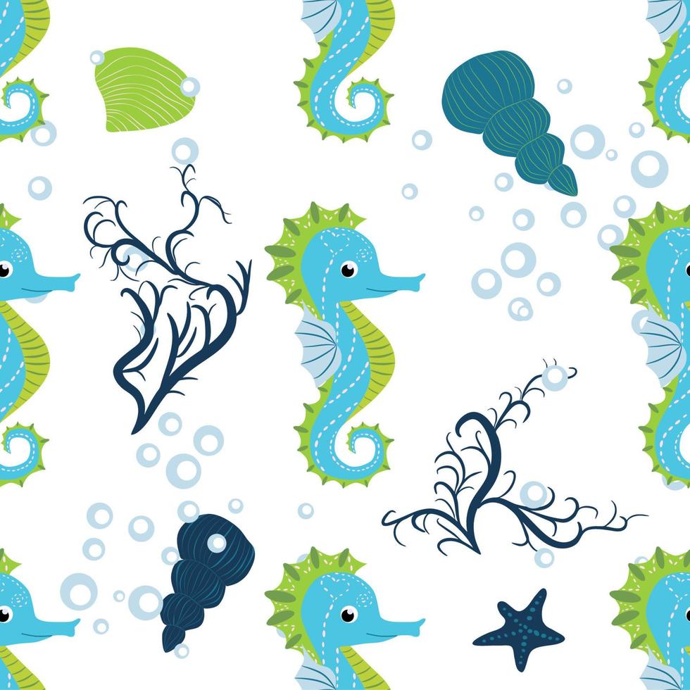 lindo patrón sin costuras de dibujos animados de caballitos de mar. animales marinos dibujados a mano. playa náutica, vida marina divertida bajo el agua vector