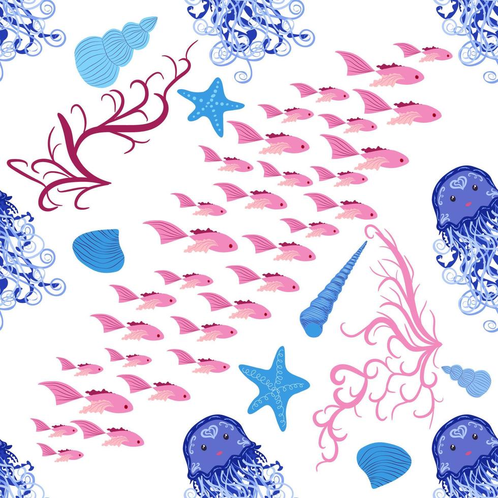 Seamless pattern with detailed transparent jellyfish. Childish seamless pattern with cute hand drawn fishes and jellyfishes in doodle style. Trendy nursery background vector