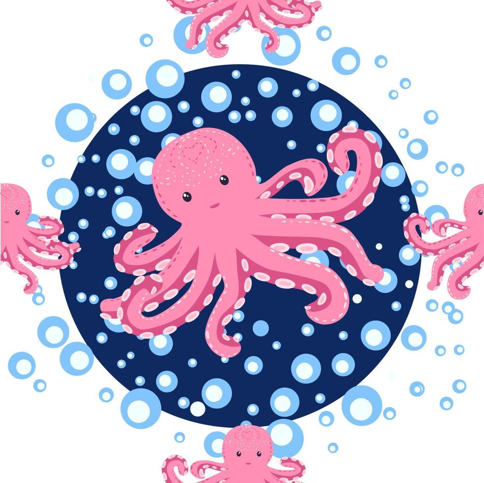 Seamless pattern with cute octopus, seaweed and pearl. Trendy nursery background vector