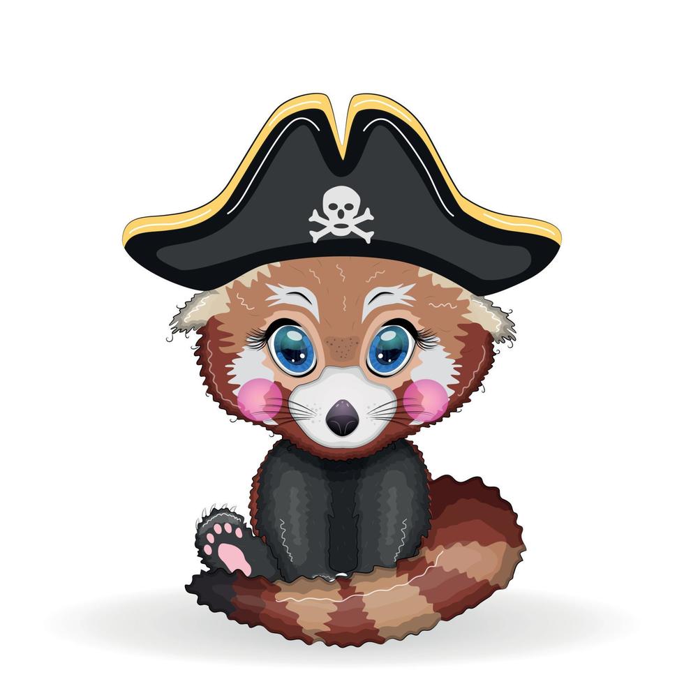 pirata panda rojo, personaje de dibujos animados del juego, oso salvaje con un pañuelo y un sombrero de tres picos con una calavera, con un parche en el ojo. personaje con ojos brillantes vector