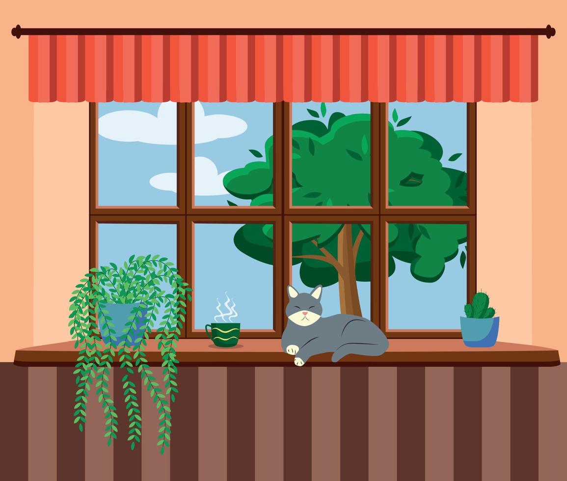 ventana de estilo plano con flores, gato, almohadas, cortinas. vista desde la ventana, ciudad y rascacielos, bosque, árboles, naturaleza. vector