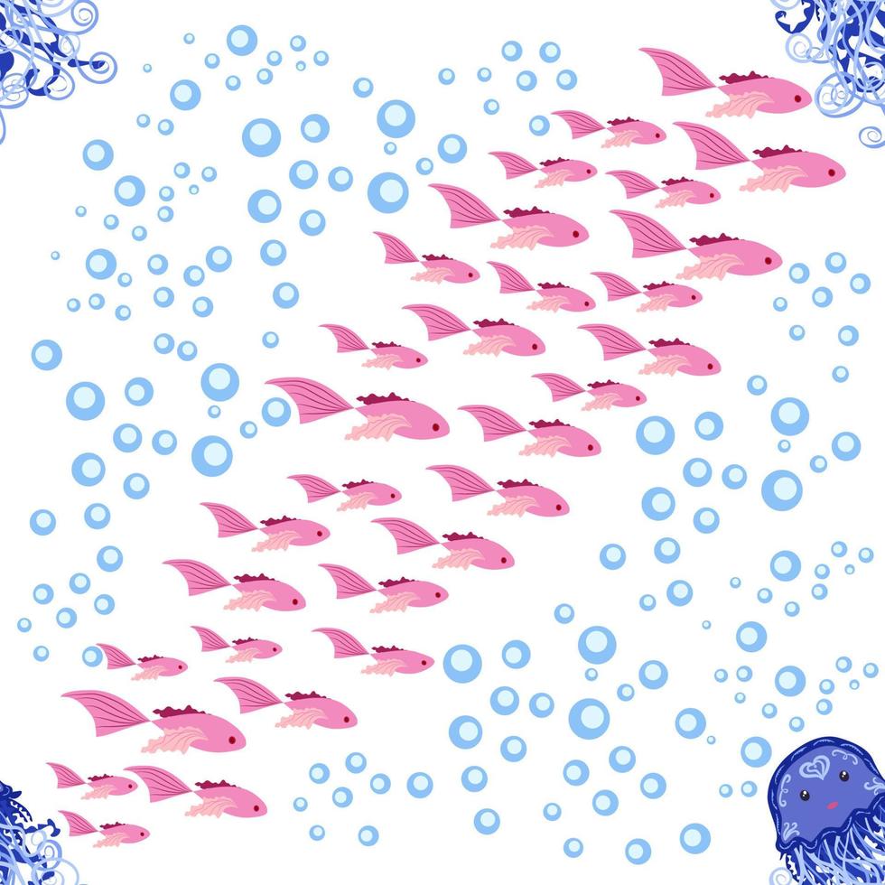 Seamless pattern with detailed transparent jellyfish. Childish seamless pattern with cute hand drawn fishes and jellyfishes in doodle style. Trendy nursery background vector