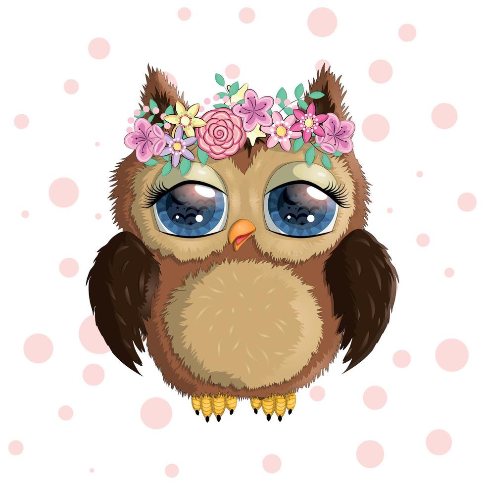 Cute Cartoon Owl on a meadow with flowers and butterflies vector