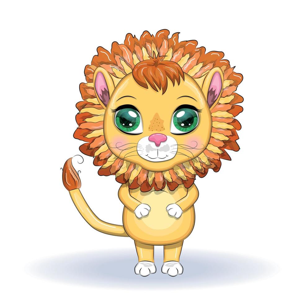 Cartoon lion with expressive eyes. Wild animals, character, childish cute style vector