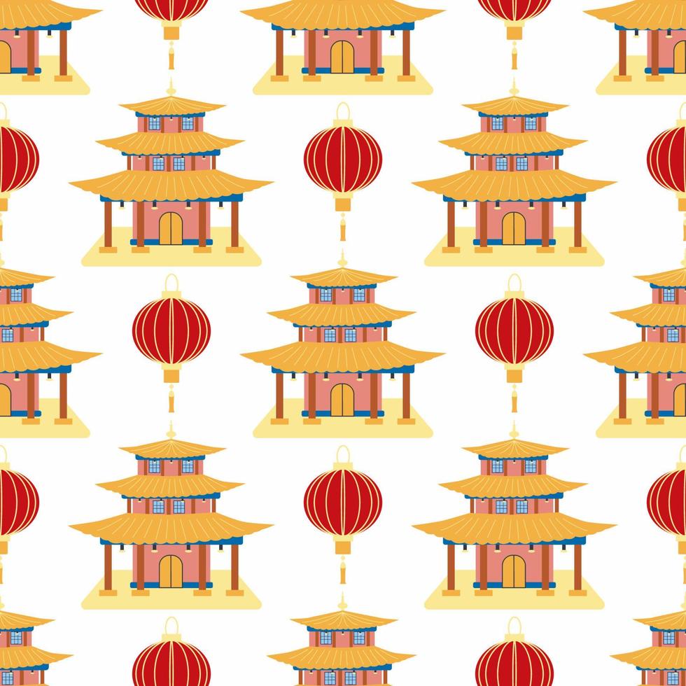 Cartoon chinese house seamless pattern. Chinese symbols of the coin with hieroglyphs, yin-yang, red fan, lanterns. vector