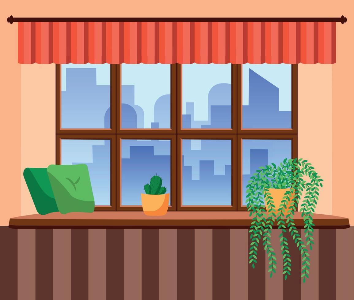 Flat style window with flowers, cat, pillows, curtains. View from the window, City and skyscraper, forest, trees, nature. vector