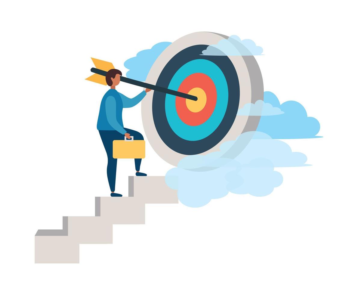 A man with an arrow is running towards his goal along a winding road, motivation is advancing, through clouds or stairs, steps of achievement, steps vector