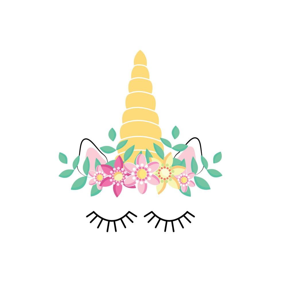 Fabulous cute unicorn with golden gilded horn and closed eyes. vector