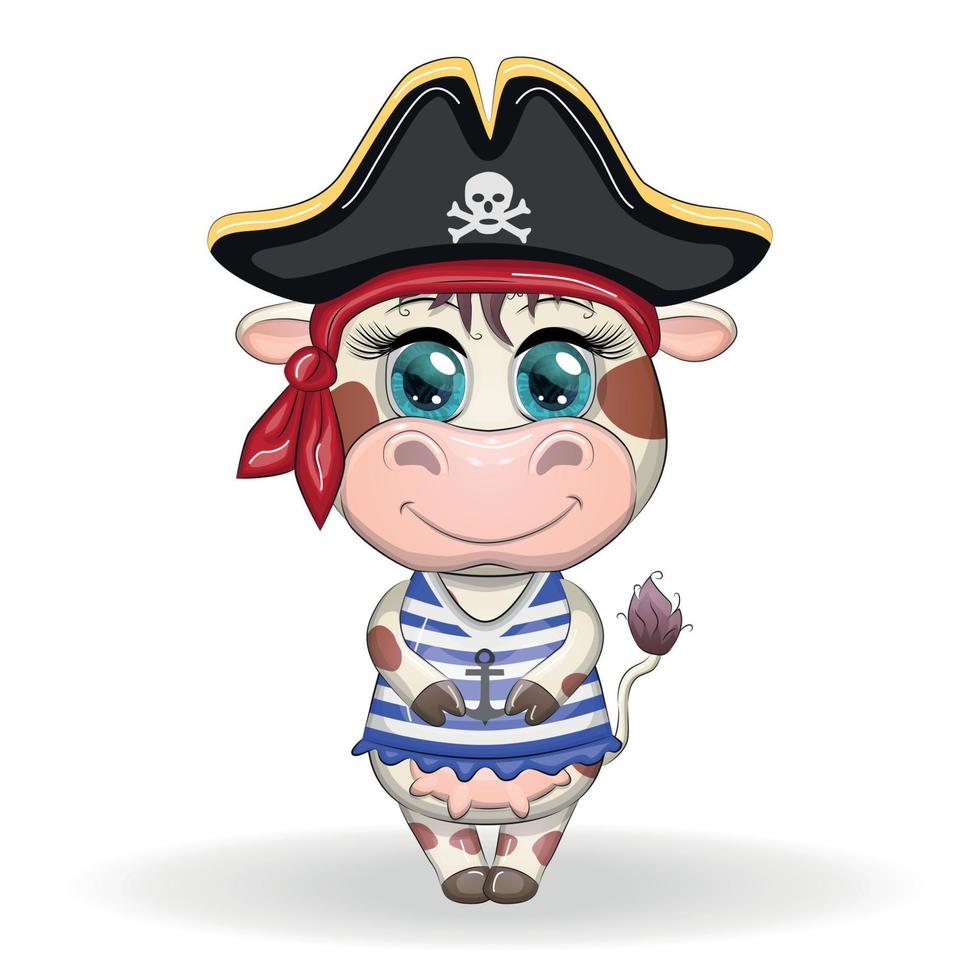 Bull, cow pirate, cartoon character of the game, wild animal in a bandana and a cocked hat with a skull, with an eye patch. Character with bright eyes vector