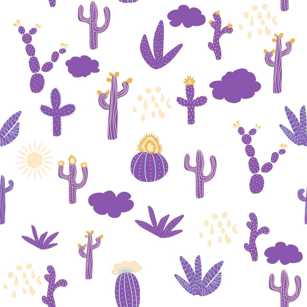 patrones sin fisuras con diferentes cactus. textura repetitiva vibrante con cactus morados. fondo con plantas del desierto. vector