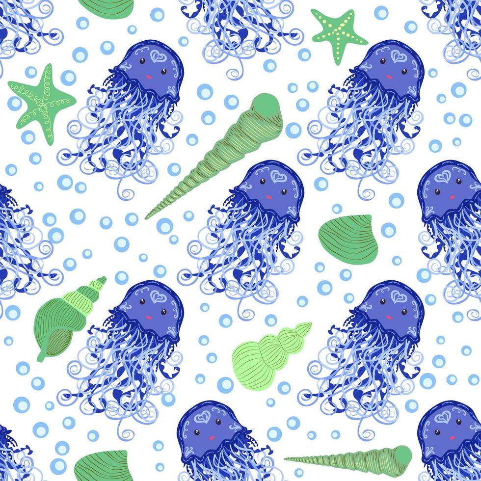 Seamless pattern with detailed transparent jellyfish. Childish seamless pattern with cute hand drawn fishes and jellyfishes in doodle style. Trendy nursery background vector