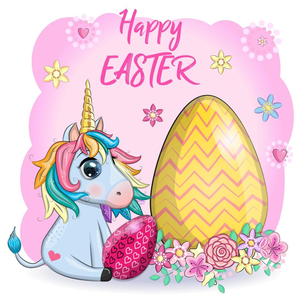 Easter unicorn cartoon character with easter egg, postcard. vector