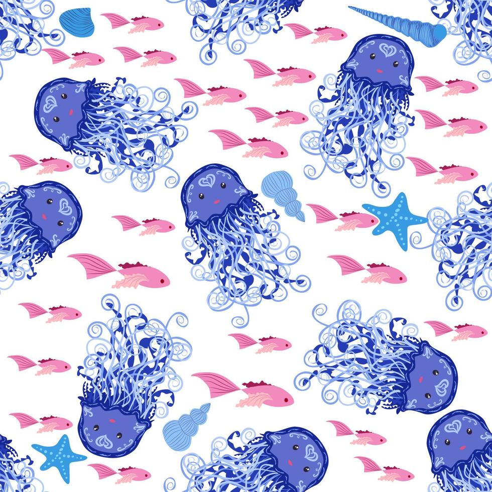 Seamless pattern with detailed transparent jellyfish. Childish seamless pattern with cute hand drawn fishes and jellyfishes in doodle style. Trendy nursery background vector