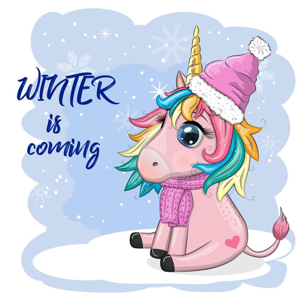 lindo unicornio de dibujos animados con sombrero de santa con regalo, bola de navidad, candy kane. vacaciones de año nuevo y navidad vector