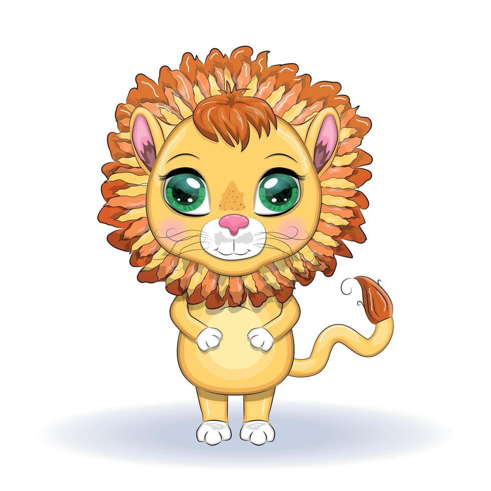 león de dibujos animados con ojos expresivos. animales salvajes, carácter, estilo lindo infantil. vector