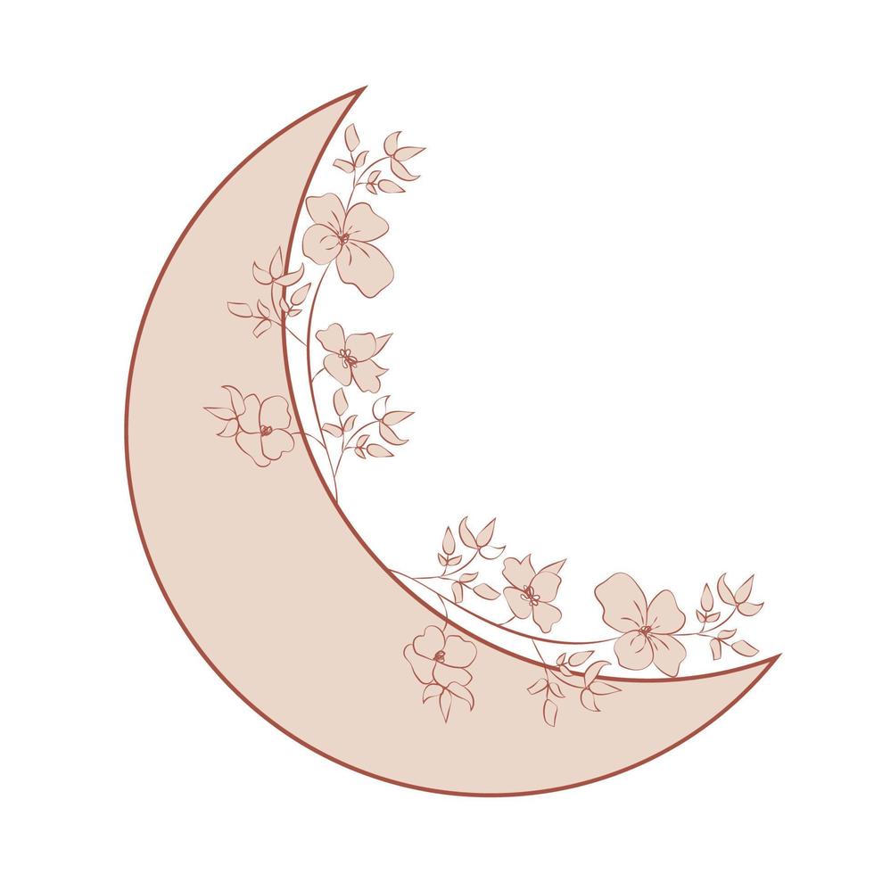 Beautiful romantic crescent moon with rose or peony flowers and leaves. vector