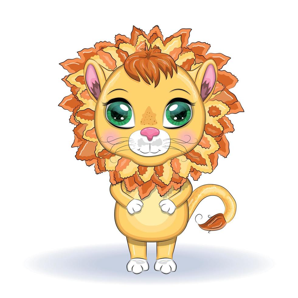 león de dibujos animados con ojos expresivos. animales salvajes, carácter, estilo lindo infantil. vector