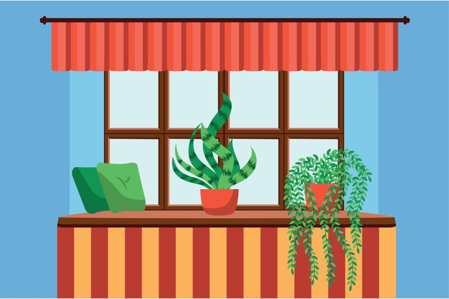 Flat style window with flowers, cat, pillows, curtains. View from the window, City and skyscraper, forest, trees, nature. vector