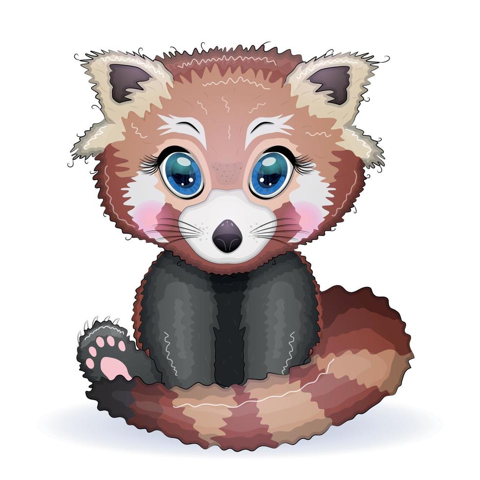 Red panda, cute character with beautiful eyes, bright childish style. Rare animals, red book, cat, bear vector