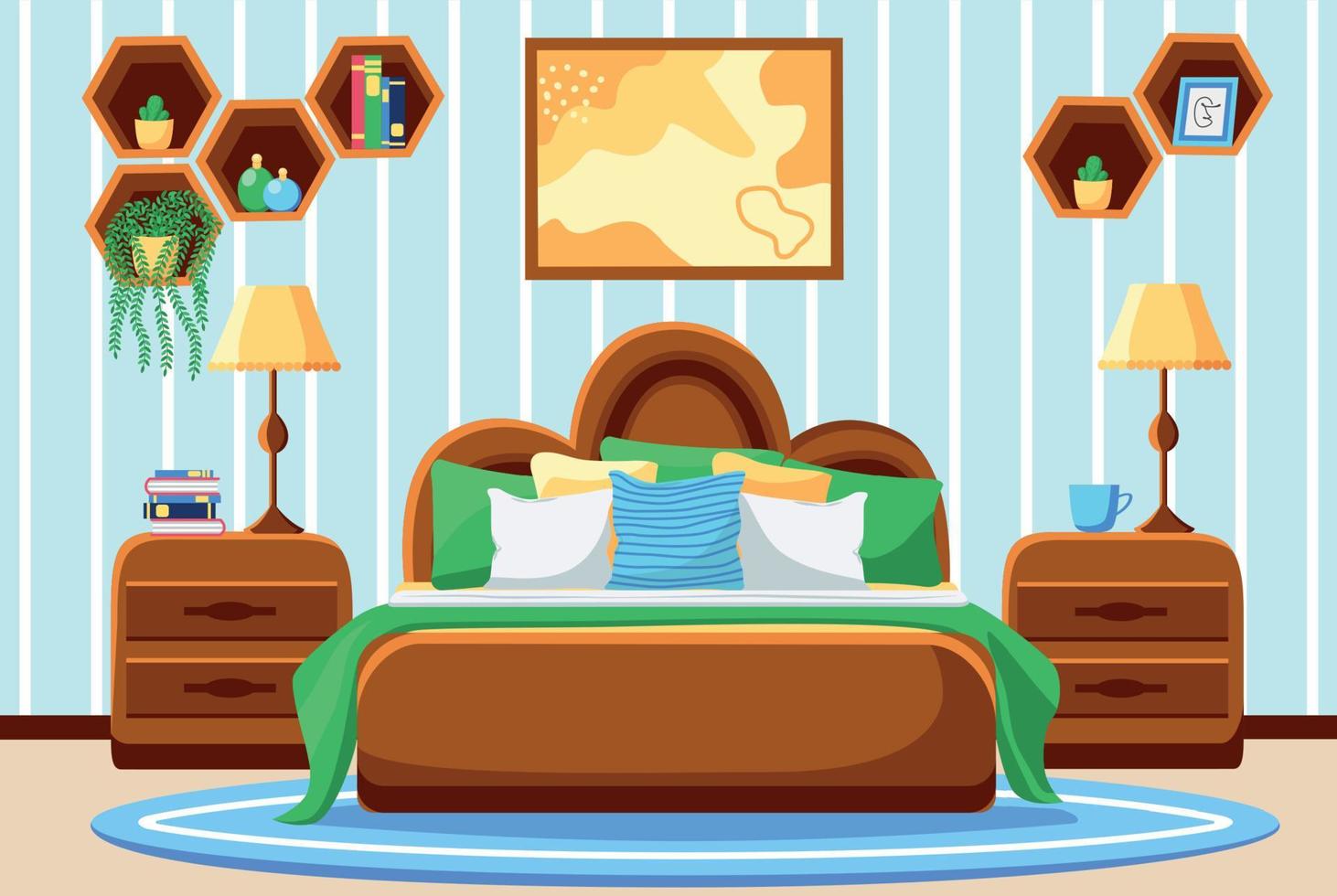 Bedroom with furniture and a window. Paintings and plants on the wall, lamps and bedside tables. Interior. Flat vector