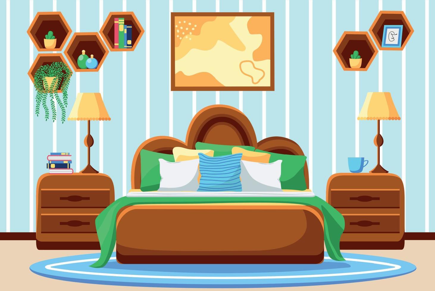 Dormitorio con muebles y ventana. cuadros y plantas en la pared, lámparas y mesitas de noche. interior. plano vector