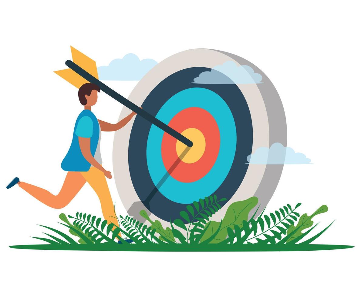 A man with an arrow is running towards his goal along a winding road, motivation is advancing, the path to achieving the goal is high vector