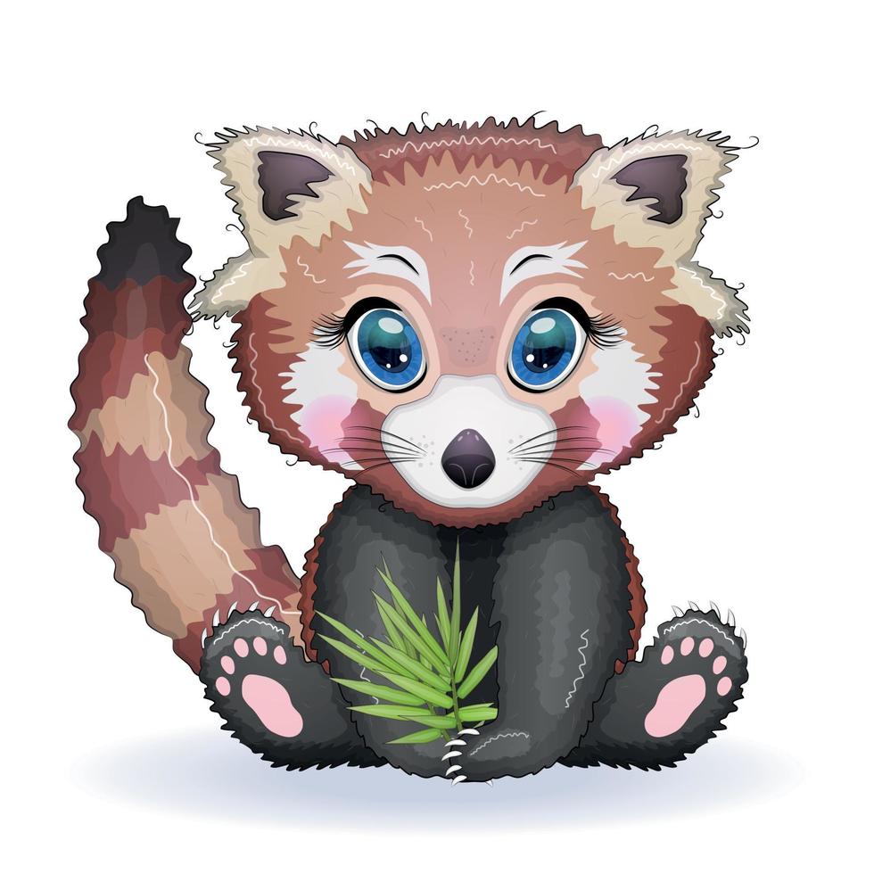 Red panda, cute character with bamboo leaves, greeting card, bright childish style. Rare animals, red book, bear vector