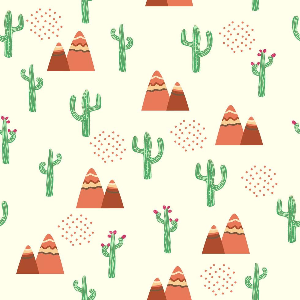 Vintage beautiful seamless desert pattern illustration. Landscape with cactus, mountains, clouds, dreamcatcher vector