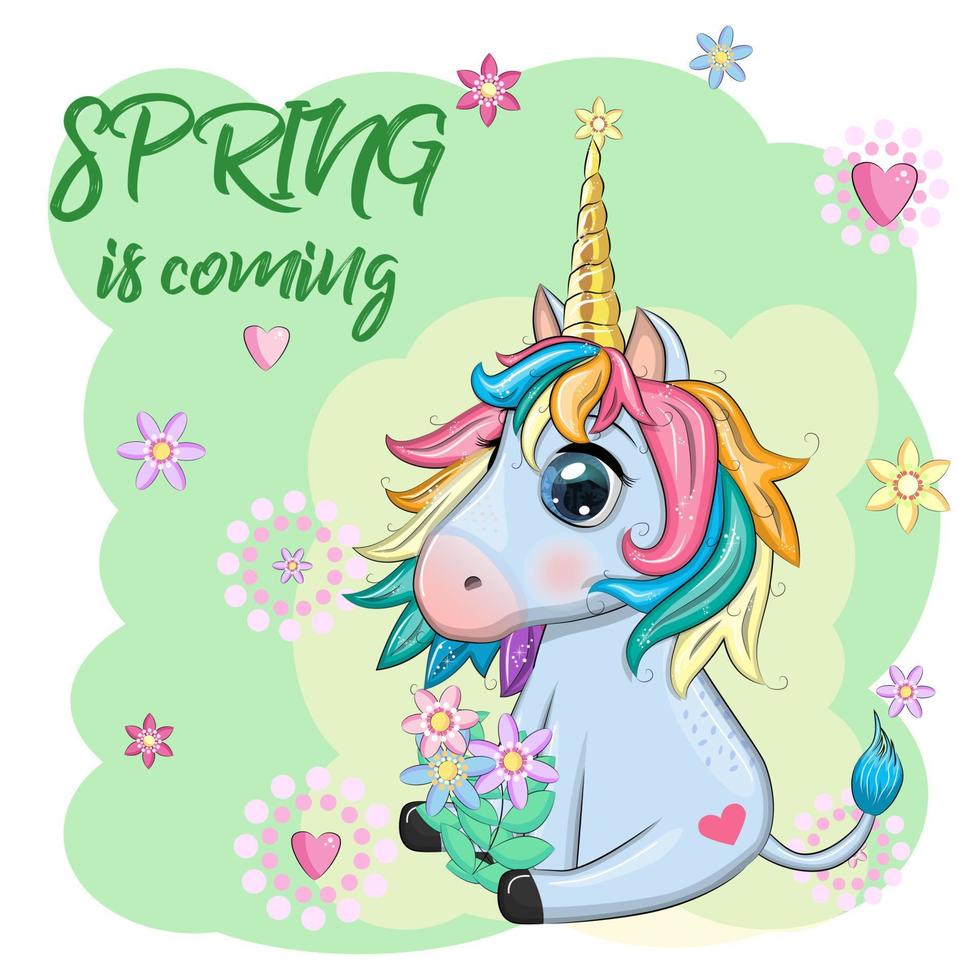 Unicorn with flowers, in a wreath, spring is coming, postcard for the holiday of spring. vector