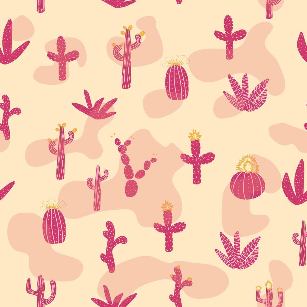 Seamless patterns with different cacti. Bright repeating texture with pink cacti. Background with desert plants. vector